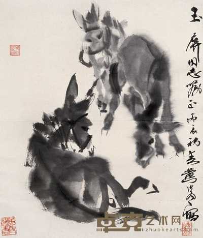 黄冑 1976年作 三驴图 立轴 56.5×48cm